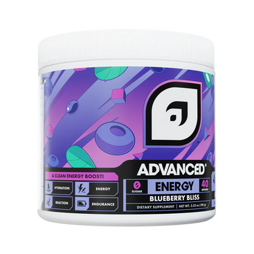 Supplement container with blueberry theme and 'Advanced Energy' branding on a white background