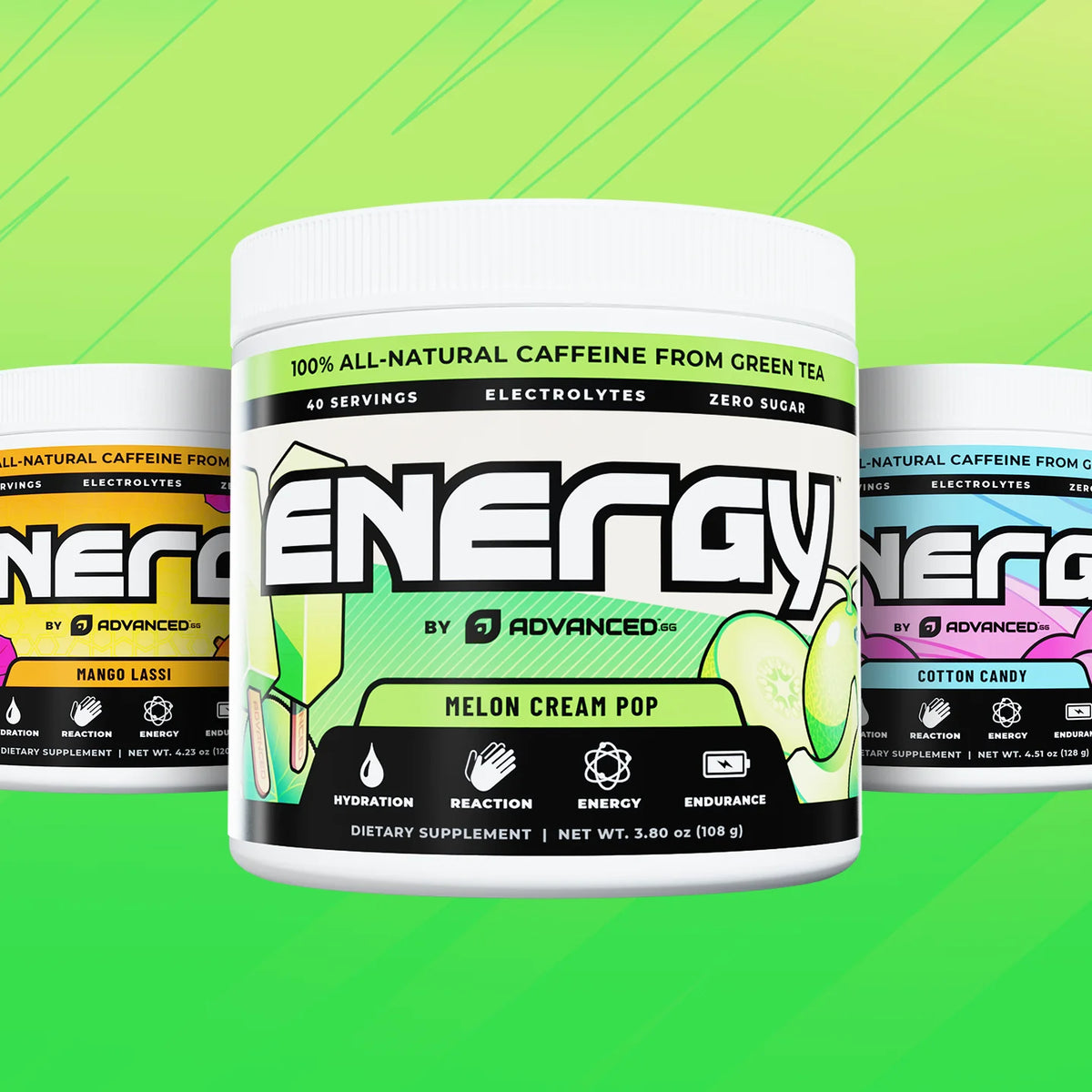 Energy supplement container with colorful labels on a green background