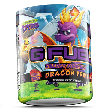 GFUEL energy formula container with Spyro the Dragon design on a white background