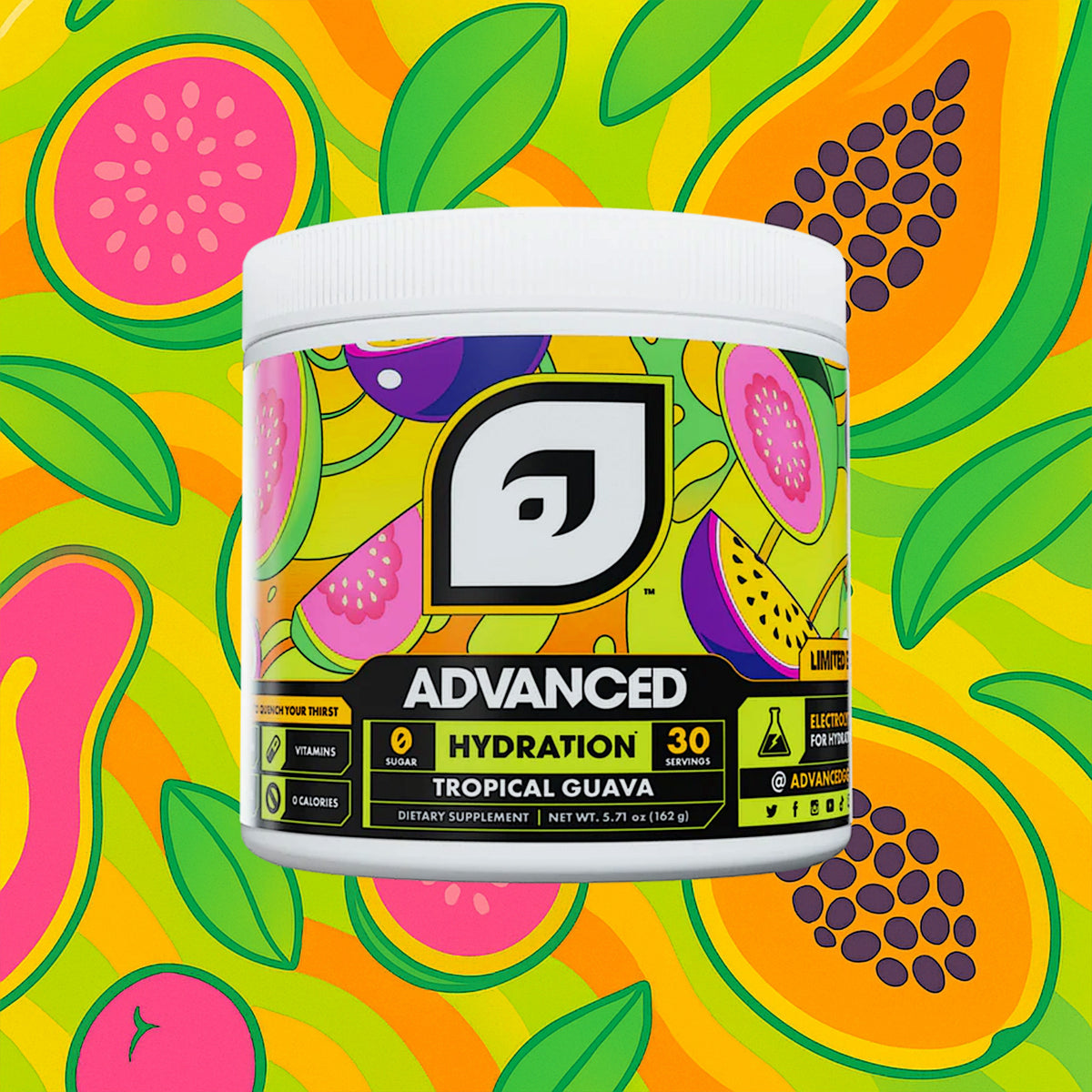 Supplement container labeled 'Advanced Hydration Tropical Guava' on a colorful abstract background with fruit illustrations.