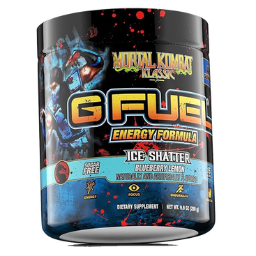 GFUEL Ice Shatter energy drink mix tub, showing the front label.