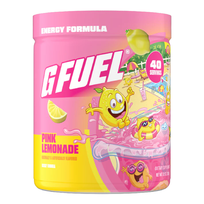 G Fuel Pink Lemonade energy formula container with cartoon characters on a white background