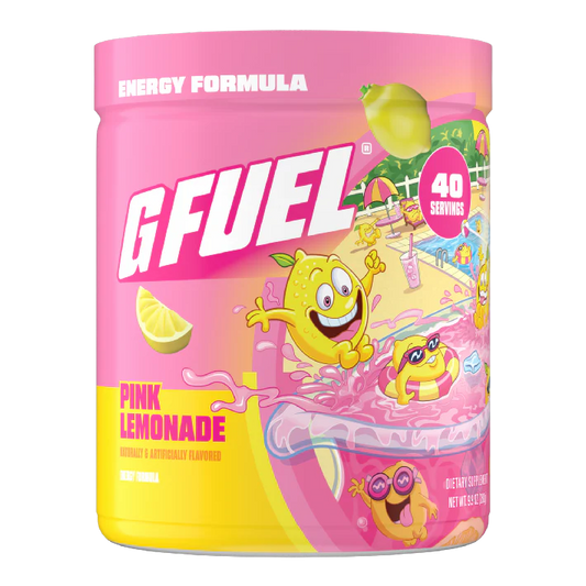 G Fuel Pink Lemonade energy formula container with cartoon characters on a white background