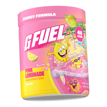 GFUEL Pink Lemonade energy formula container on a white background