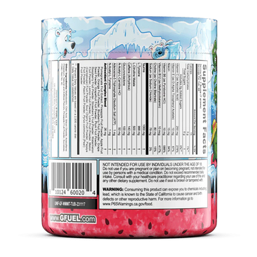 Back label of a G-Fuel product with colorful design and text.