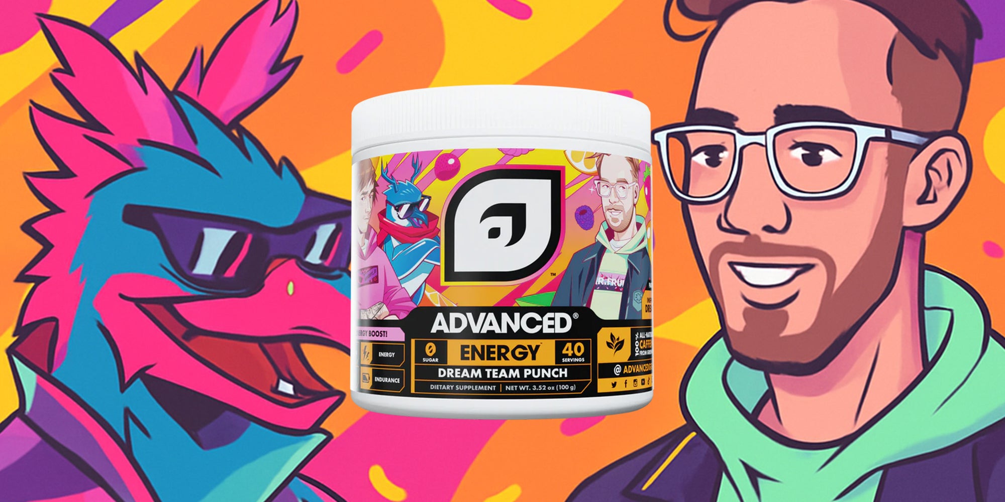 Energy supplement container with colorful dragon illustration and person on a vibrant background