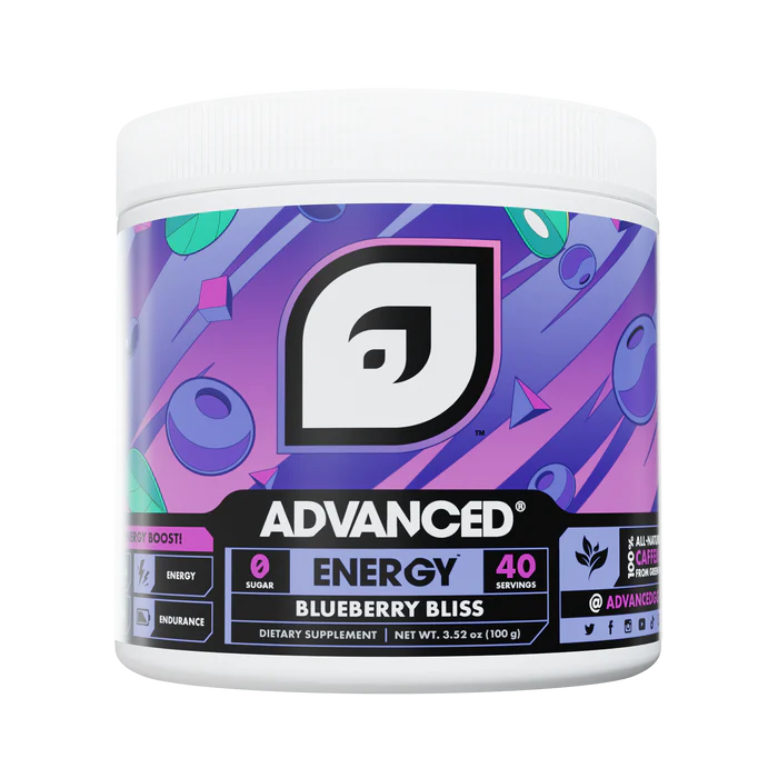 Supplement container with 'Advanced Energy Blueberry Bliss' label on a white background