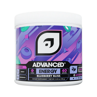 Supplement container with 'Advanced Energy Blueberry Bliss' label on a white background