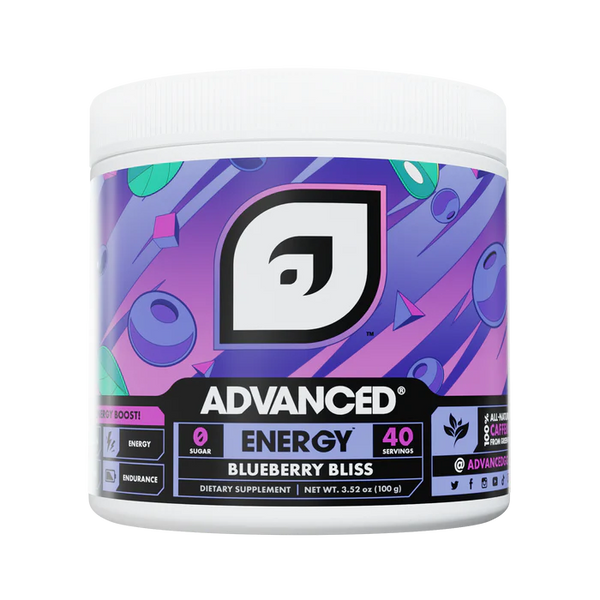 Supplement container with 'Advanced Energy Blueberry Bliss' label on a white background