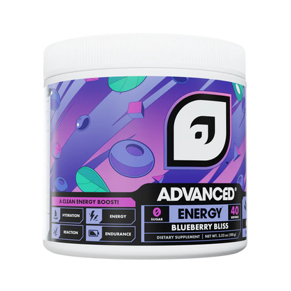 Supplement container with blueberry theme and 'Advanced Energy' branding on a white background
