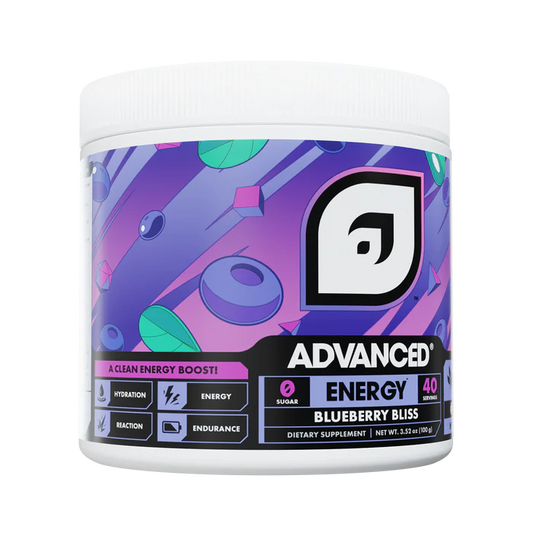 Supplement container with blueberry theme and 'Advanced Energy' branding on a white background