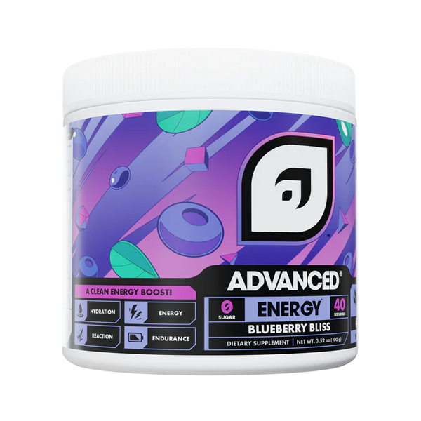 Supplement container with blueberry theme and 'Advanced Energy' branding on a white background