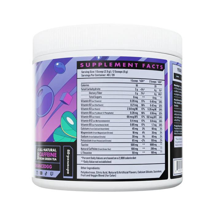 Supplement container with a purple and white label displaying supplement facts.