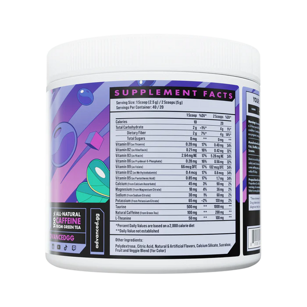 Supplement container with a purple and white label displaying supplement facts.