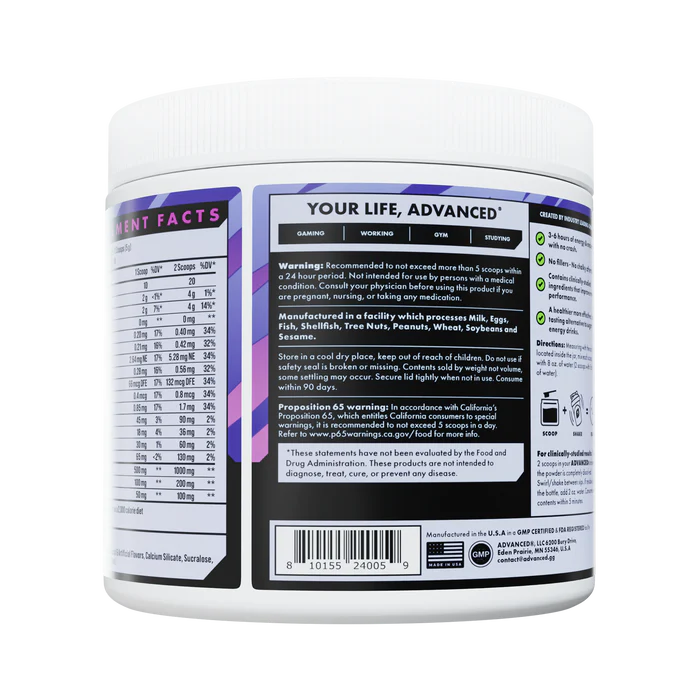 Back label of a supplement container with text and barcodes on a white background