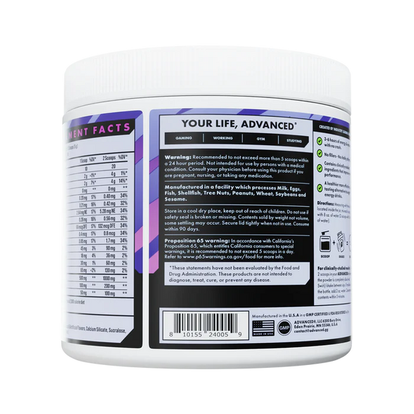 Back label of a supplement container with text and barcodes on a white background