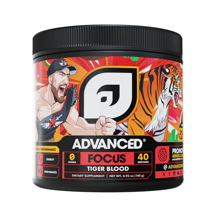 Supplement container labeled 'Advanced Focus Tiger Blood' with a tiger and muscular man design on the label.