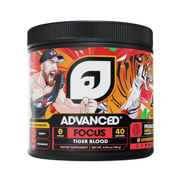 Supplement container labeled 'Advanced Focus Tiger Blood' with a tiger and muscular man design on the label.