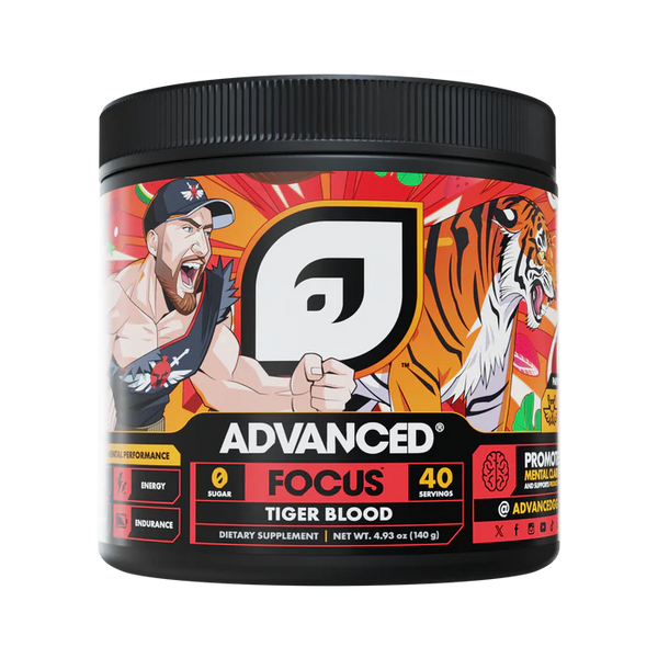 Supplement container labeled 'Advanced Focus Tiger Blood' with a tiger and muscular man design on the label.