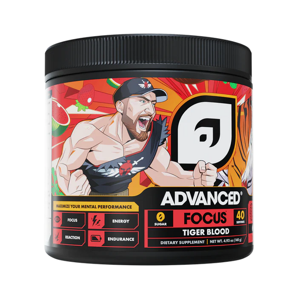 Supplement container with a muscular figure and colorful label on a white background