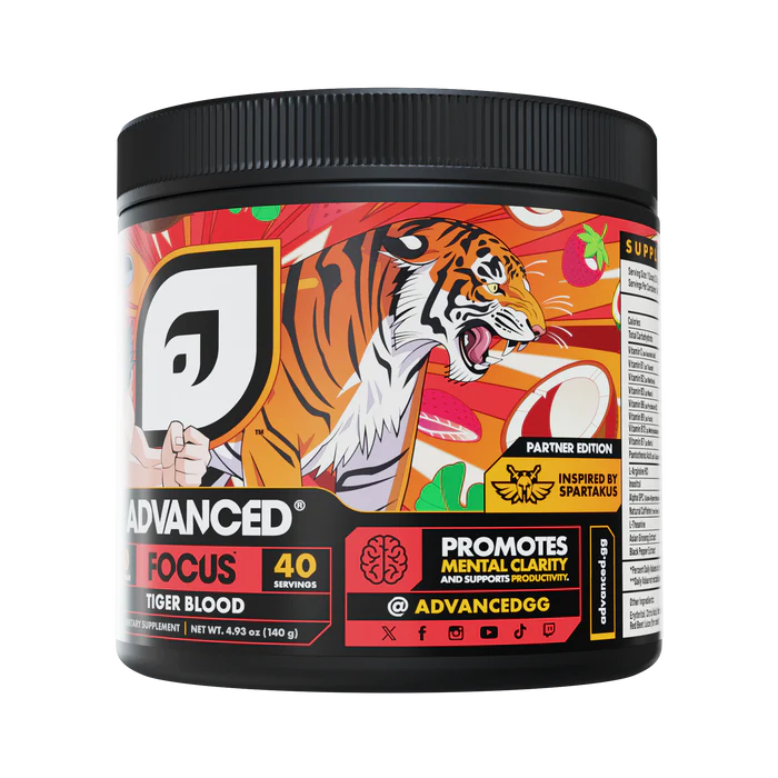 Supplement container with tiger design and 'Advanced Focus' branding on a white background