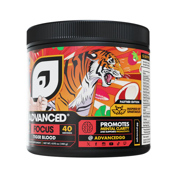 Supplement container with tiger design and 'Advanced Focus' branding on a white background