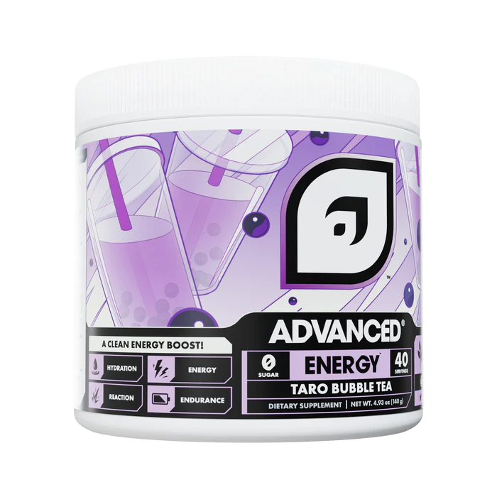 Container of Advanced Energy Taro Bubble Tea supplement with purple and white design.