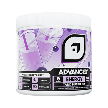 Container of Advanced Energy Taro Bubble Tea supplement with purple and white design.