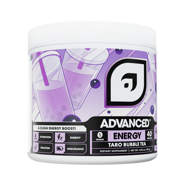 Container of Advanced Energy Taro Bubble Tea supplement with purple and white design.