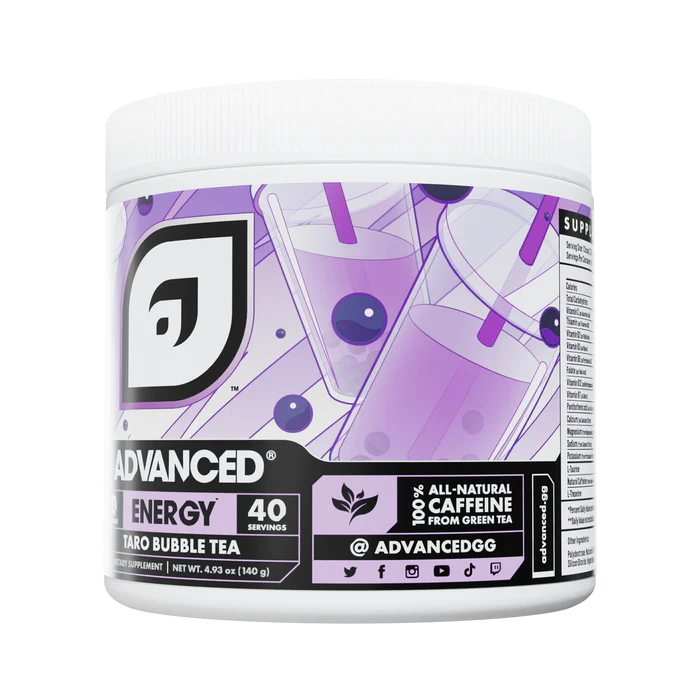 Container of Advanced Energy supplement with purple label on a white background