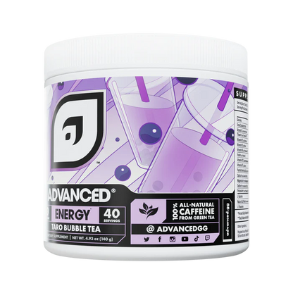 Container of Advanced Energy supplement with purple label on a white background