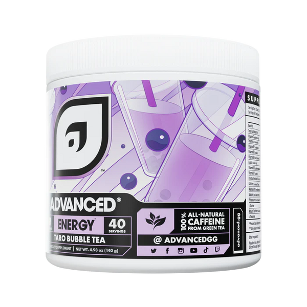 Container of Advanced Energy supplement with purple label on a white background