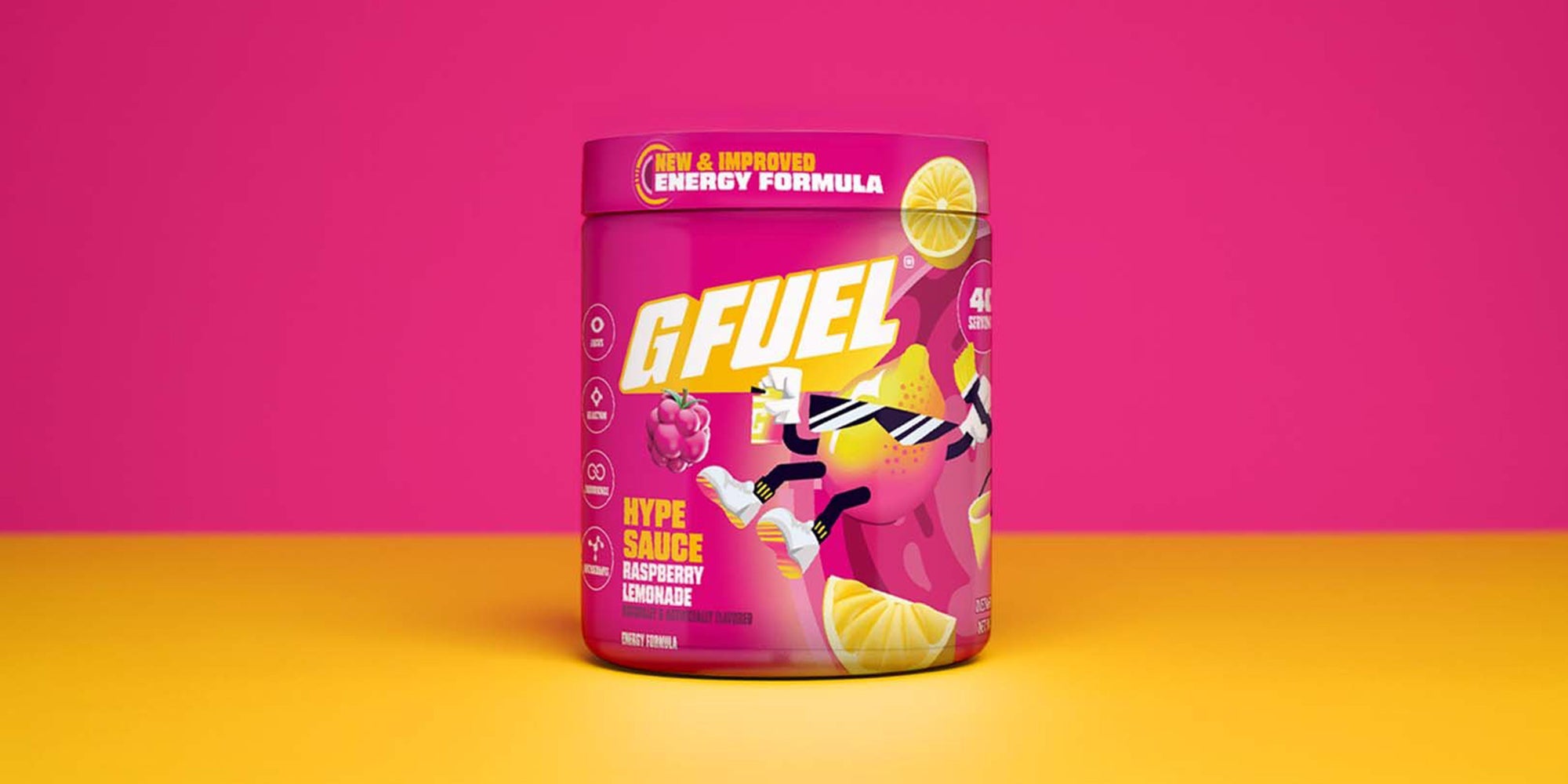 G-Fuel energy supplement container on a pink and yellow background