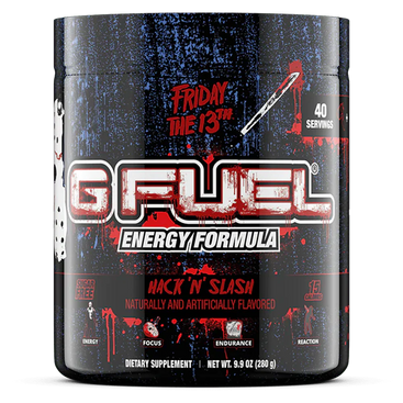 G Fuel energy formula supplement container with 'Friday the 13th' theme