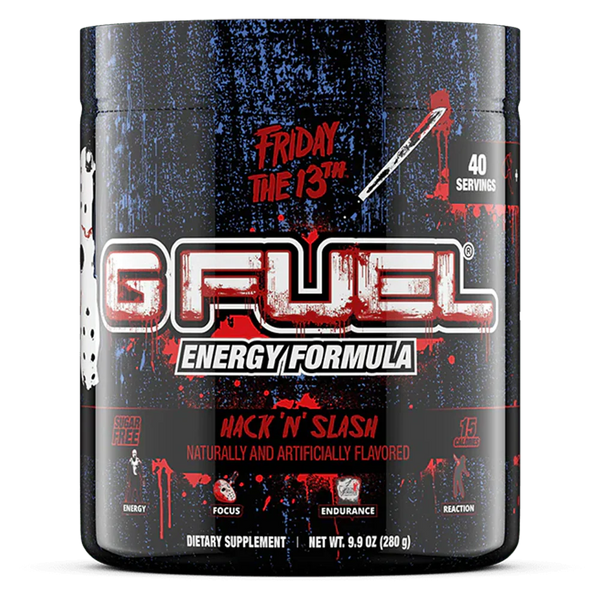 G Fuel energy formula supplement container with 'Friday the 13th' theme