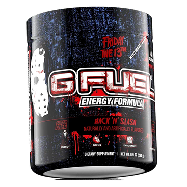 GFUEL energy formula supplement container with 'Friday the 13th' theme