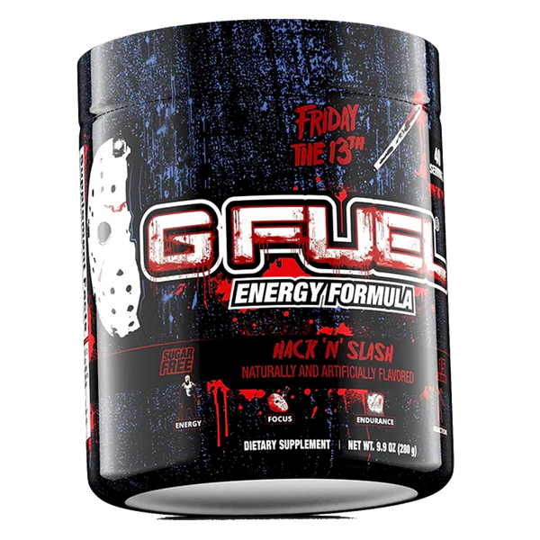 GFUEL energy formula supplement container with 'Friday the 13th' theme