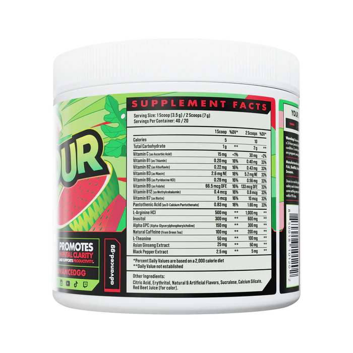 Supplement container with label showing supplement facts and branding on a white background