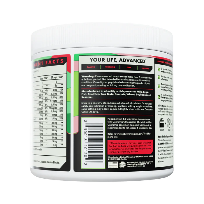 Back label of a supplement container with nutritional information and warnings.