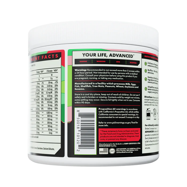 Back label of a supplement container with nutritional information and warnings.