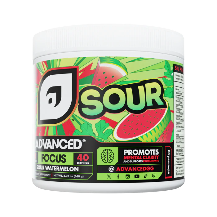 Container of Advanced Focus Sour supplement with watermelon flavor on a white background