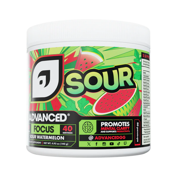Container of Advanced Focus Sour supplement with watermelon flavor on a white background
