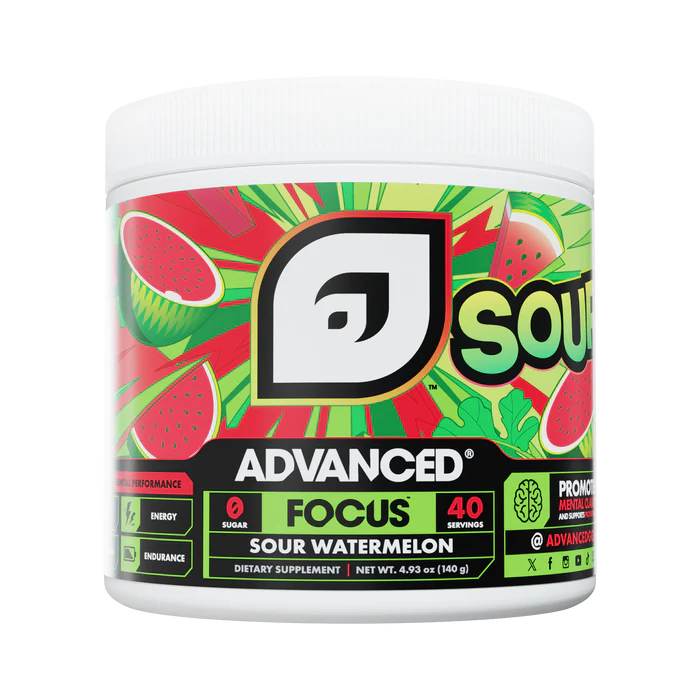 Supplement container with sour watermelon flavor on a white background