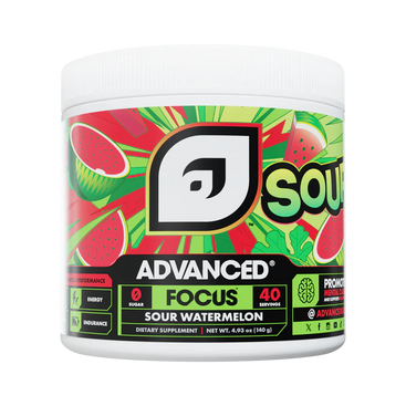 Supplement container with sour watermelon flavor on a white background