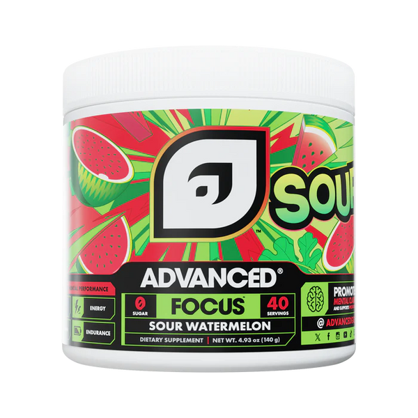 Supplement container with sour watermelon flavor on a white background