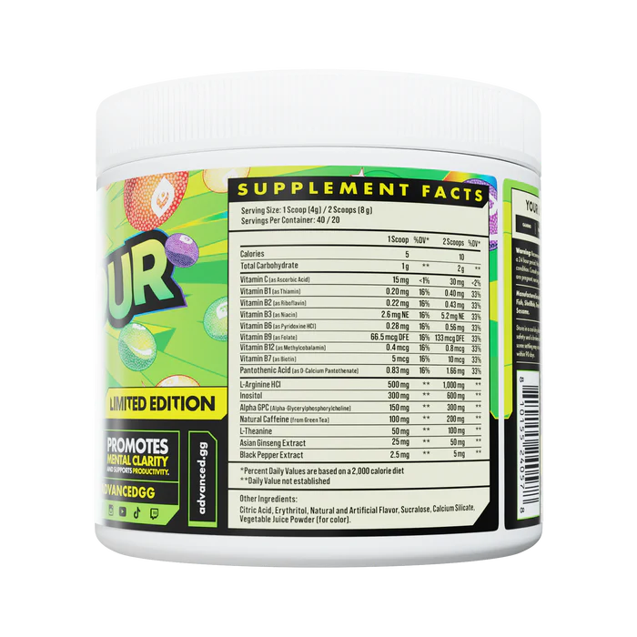 Supplement container with label showing 'Supplement Facts' and branding on a white background