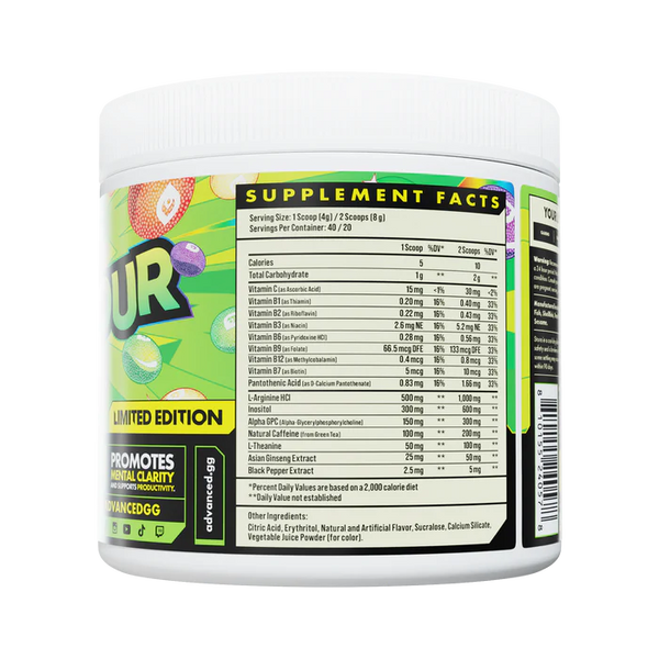 Supplement container with label showing 'Supplement Facts' and branding on a white background