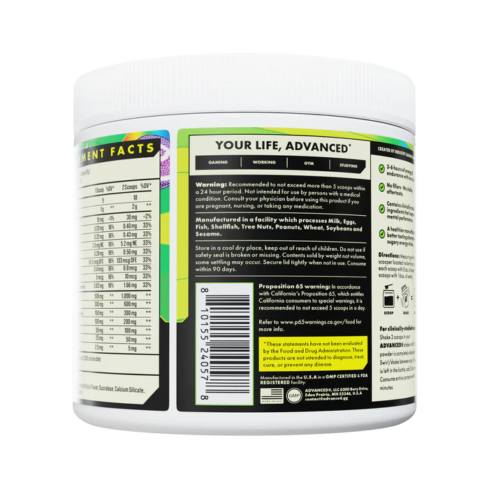 Back label of a supplement container with text and barcodes on a white background