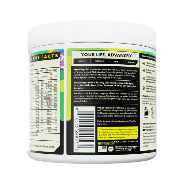 Back label of a supplement container with text and barcodes on a white background