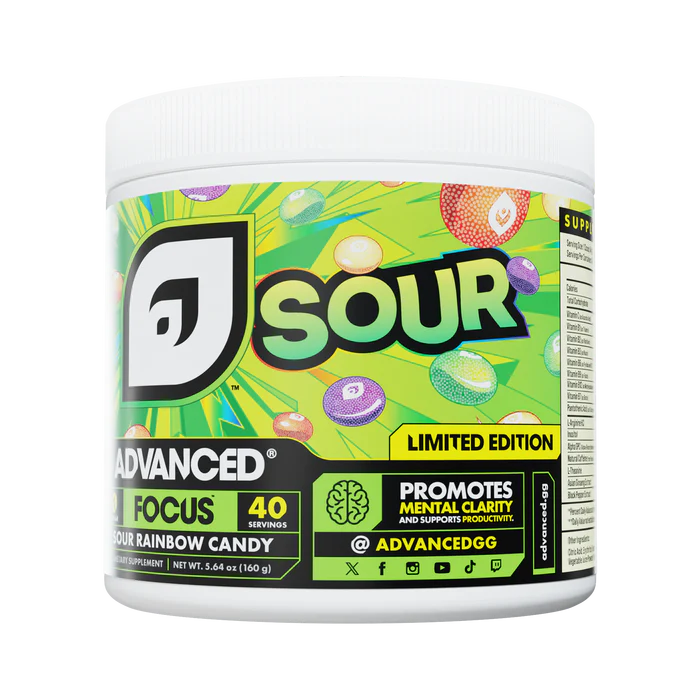 Container of Advanced Focus Sour Rainbow Candy with colorful label on a white background